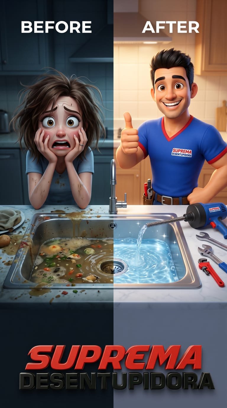 Pia de cozinha antes e depois do desentupimento feito pela Suprema Desentupidora