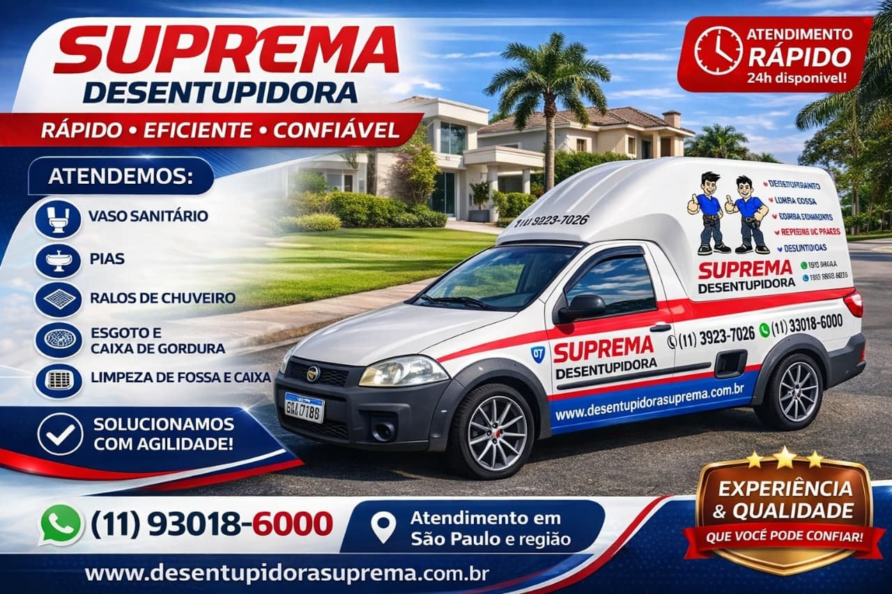 Veículo da Suprema Desentupidora com os serviços de limpeza de caixa de gordura, esgoto e fossa, atendendo São Paulo e região